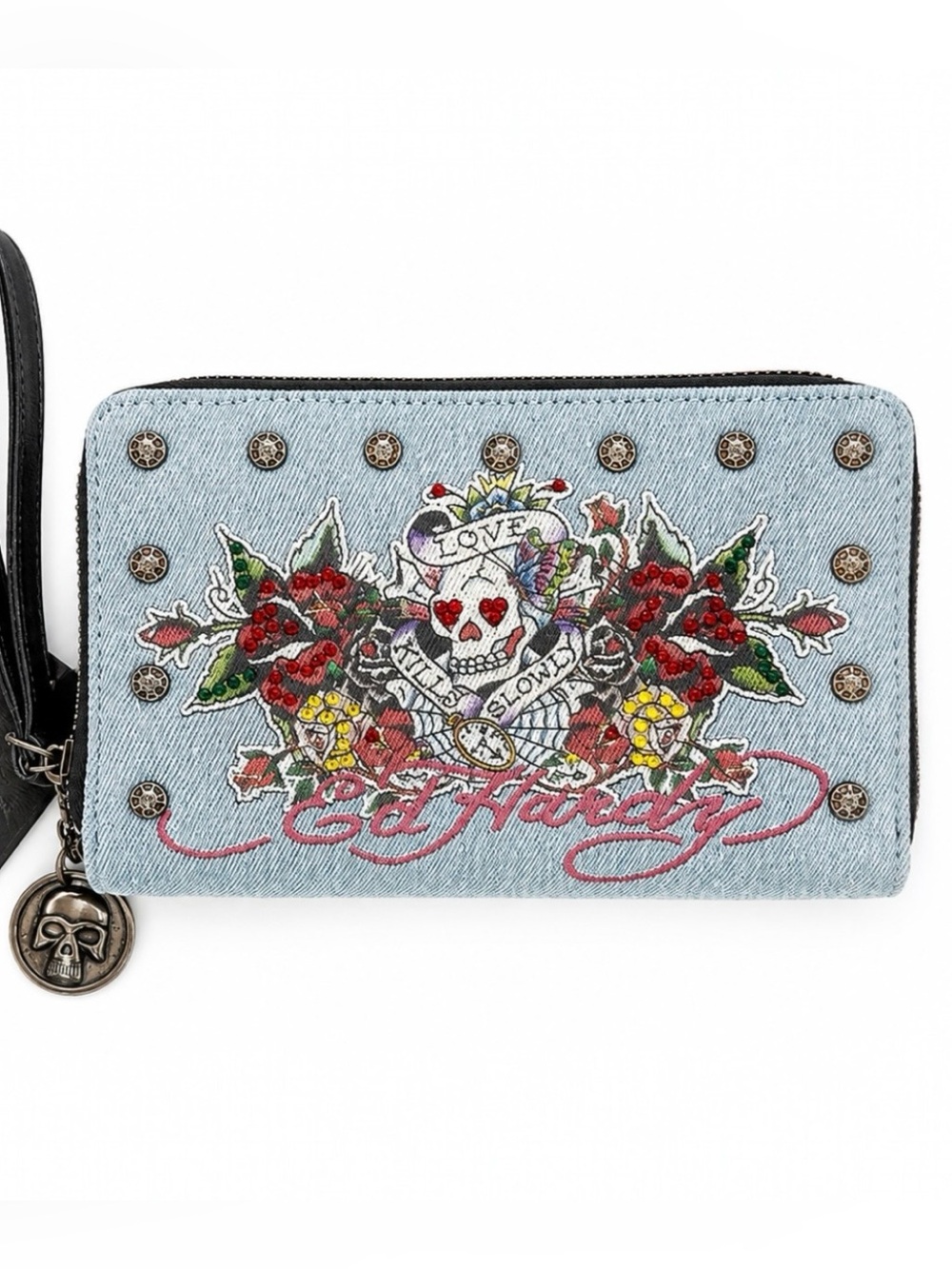 Ed Hardy Light Blue Denim Double Zip Wristlet with Embroidered Skull & Roses